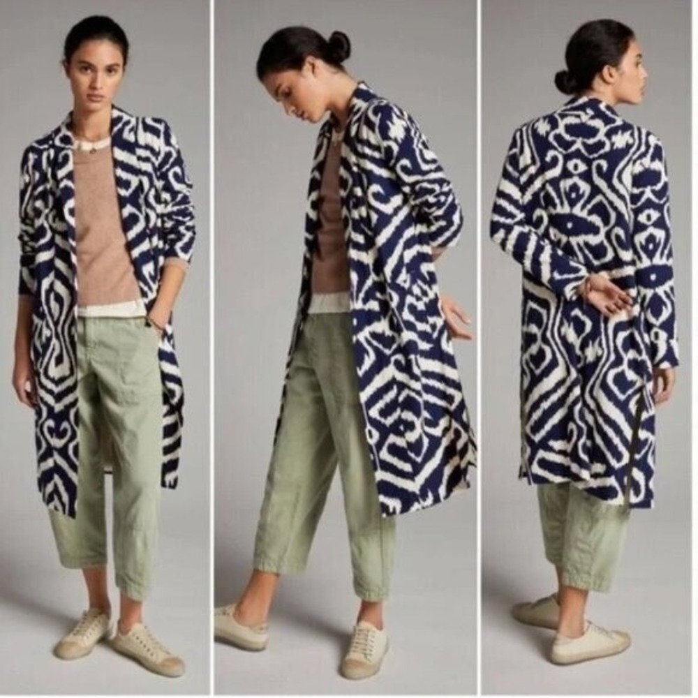 Anthropologie Ikat Print Long Open Front Blazer Jacket Women Navy White